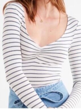 Urban Outfitters Basic White Striped Long Sleeve Scoop Neck Sz S Lightweight